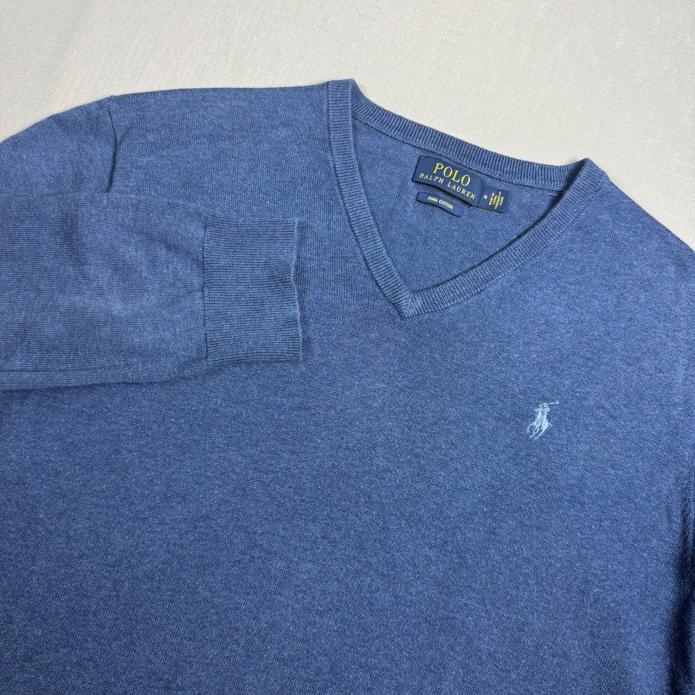 Polo Ralph Lauren Mens Blue Pima Cotton V-Neck Sweater Size M Pony Logo